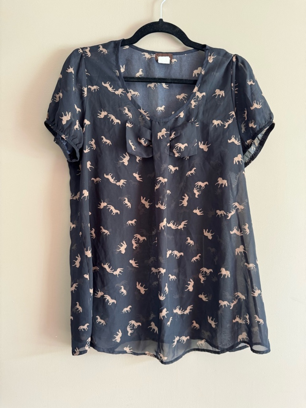 Black Short-Sleeve Blouse with Beige Horse Print
